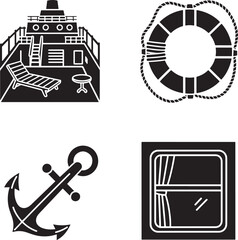Cruise ship vector icons set featuring deck chair anchor lifebuoy and window for travel themed graphics