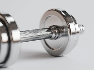 A close-up view of a chrome dumbbell, showcasing its polished surface and textured handle.