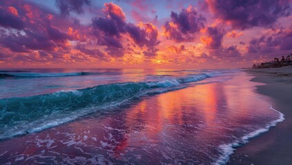 Vibrant sunset over a tranquil beach.  Ocean waves gently lap at the shore.  Colorful clouds reflect in the water