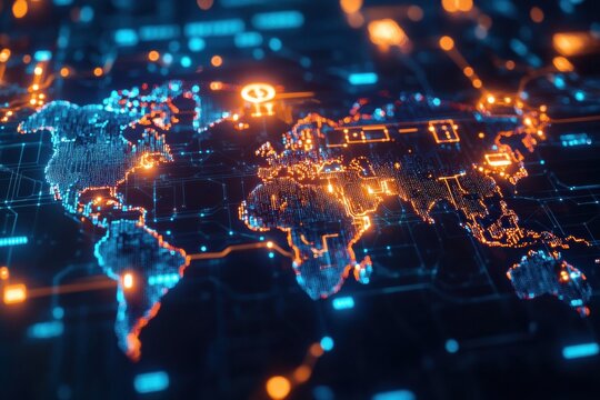 Illuminated world map with digital connections and data visualization representing global networking and technology innovations, captured at night - Powered by Adobe