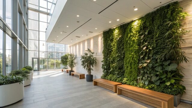 Bright office interior with a green living wall, plants, and wooden benches, creating a fresh and contemporary workspace environment for employees - Powered by Adobe