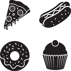 Delicious fast food icon set pizza hotdog donut cupcake in black and white design