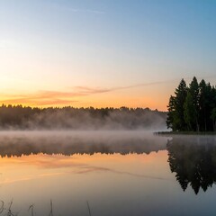 Fototapeta premium Misty sunrise over a calm lake
