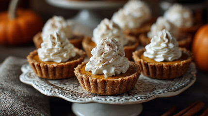 Mini pumpkin spice pies with whipped cream topping at Thanksgiving