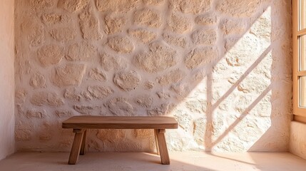 Stylish wooden table set against a warm, textured stone wall with natural light illuminating the serene interior space