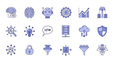 Collection of ai and technology icons including brain robot cloud and data analysis represented in line art on transparent background