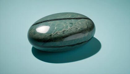 A stunning, polished green stone with intricate dark lines rests on a soft teal surface