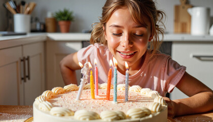 Cheerful girl blowing out birthday candles on cake, joyful celebration