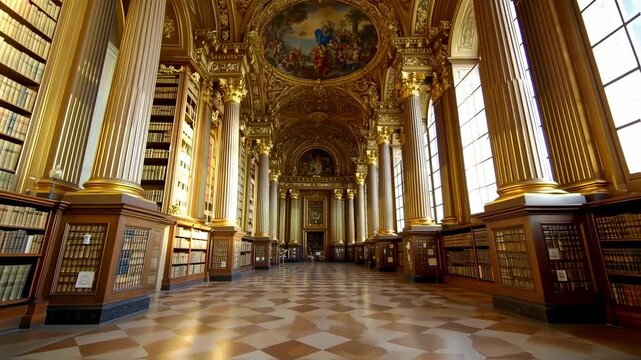 Opulent library hall with golden details and rows of books, reflecting historical and intellectual