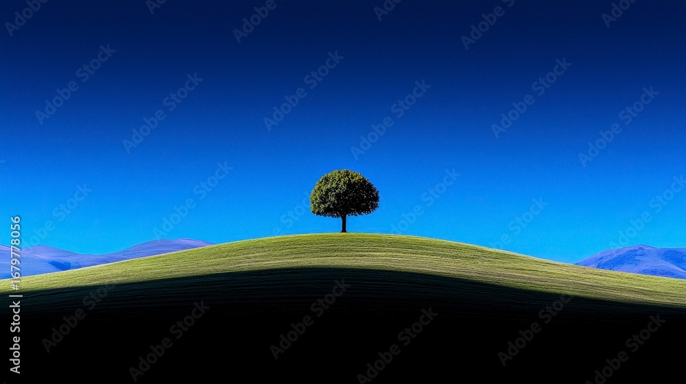 Poster lone tree standing majestically on a rolling hillside under a clear blue sky, creating a serene and 