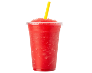 Refreshing red slushy drink with yellow straw isolated on transparent background