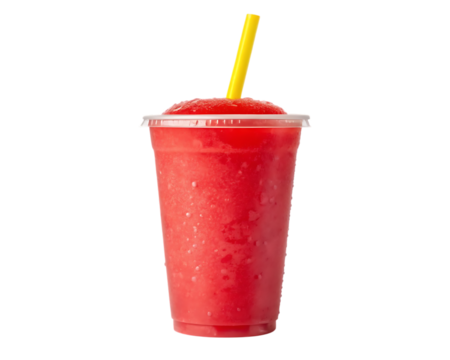 Refreshing red smoothie in a clear plastic cup with straw isolated on transparent background