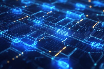 Obraz premium Modern digital network connectivity represented through blue glowing lines and nodes illustrating data flow and technology interaction