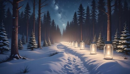 Winter path illuminated by glowing jars leads into a starry night forest.