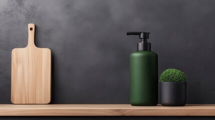 Stylish kitchen countertop arrangement featuring a sleek green soap dispenser, a minimalist black pot, and a wooden cutting board