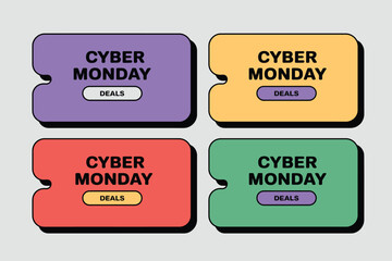 Four colorful cyber monday deal coupon graphic designs on a light gray background with a retro aesthetic