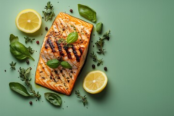 Salmon steak with lemons on green background