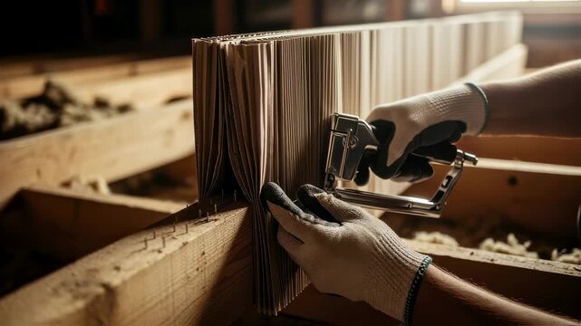 Hands tucking a precut cardboard baffle tightly between roof joists then stapling firmly to maintain attic ventilation channels.