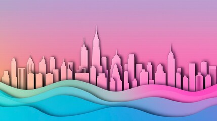 Colorful abstract skyline landscape featuring iconic city buildings with waves in pink and blue hues.
