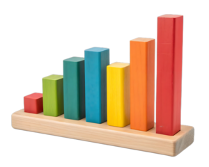 Colorful wooden counting blocks arranged in a bar graph isolated on transparent background