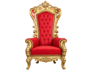 Ornate red velvet throne with gold accents isolated on transparent background