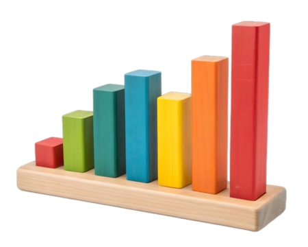 Colorful wooden counting blocks arranged in a bar graph isolated on transparent background