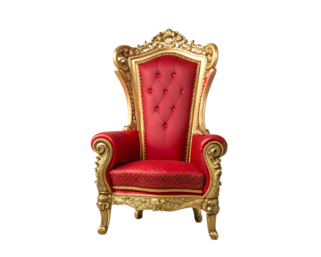 Ornate red and gold throne chair isolated on transparent background
