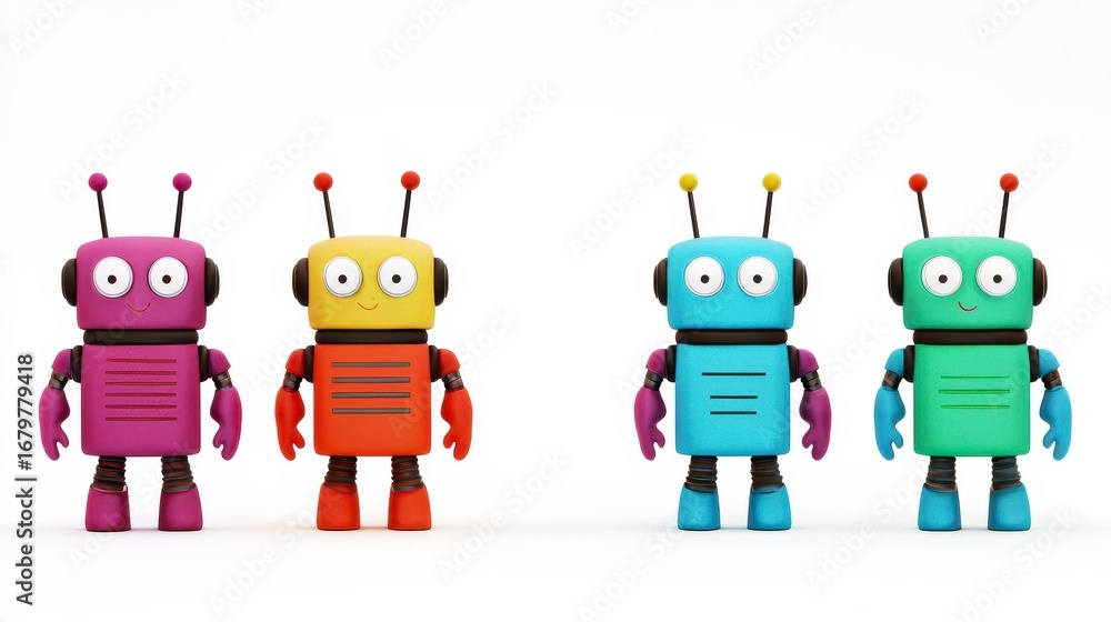 Poster colorful and playful robot figurines in different colors and expressions on a minimalist white backg