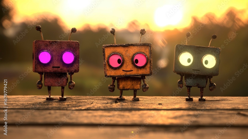 Poster three charming retro robots with colorful glowing eyes expressing different emotions, set against a 