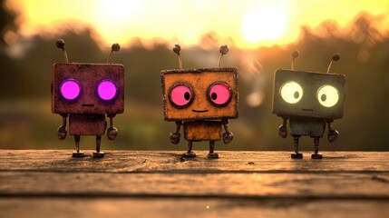 Three charming retro robots with colorful glowing eyes expressing different emotions, set against a beautiful sunset backdrop.