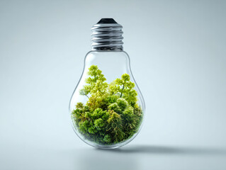 Small green plants growing inside a transparent light bulb on a soft gray background symbolizing eco-friendly innovation and sustainable energy solutions