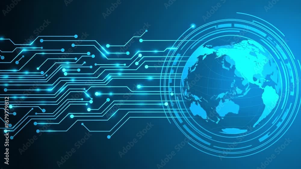 Aufkleber digital illustration of glowing world map with circuit lines and technology connections. concept of 