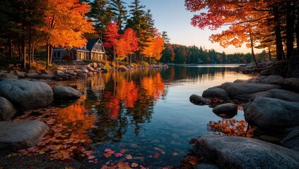 Autumnal lakefront cabin. Colorful foliage reflects in calm water. Tranquil scene