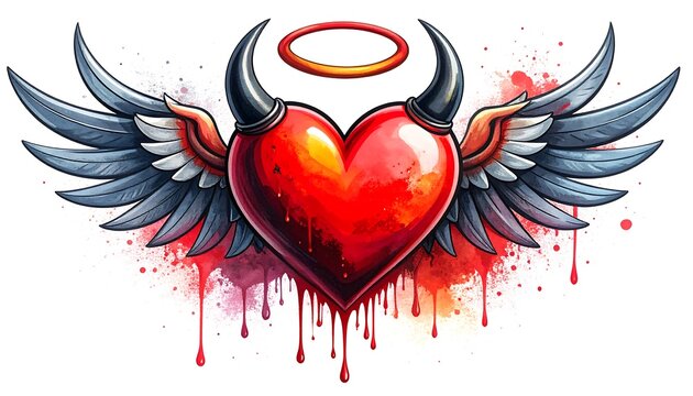 A vibrant, stylized heart, adorned with devilish horns, an angelic halo, and expressive wings, is depicted amidst blood-like drips and watercolor-like splatter.