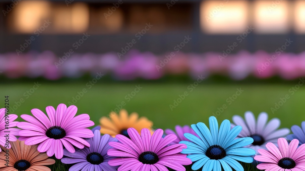 Poster vibrant garden scene featuring a colorful array of delicate daisies in soft focus foreground and blu