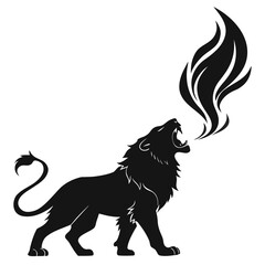 Lion roaring under spiral flame silhouette