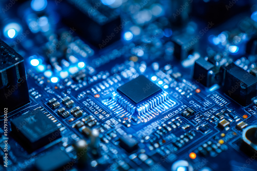 Poster close-up of a computer motherboard with illuminated electronic components and circuitry