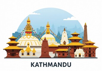 Obraz premium Colorful Kathmandu City Skyline Vector Illustration Isolated on White Background