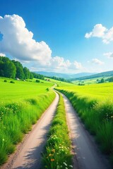 Obraz premium Serene country road winds through lush green fields under a bright blue sky, dotted with wildflowers Perfect for travel, nature, and idyllic backgrounds , green, blue, sunshine