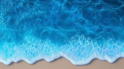 Aerial view of crystal clear ocean waves gently lapping onto a sandy beach, showcasing vibrant blues and calming textures