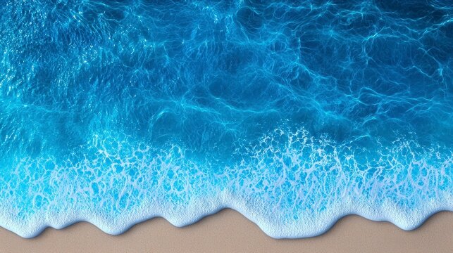 Aerial view of crystal clear ocean waves gently lapping onto a sandy beach, showcasing vibrant blues and calming textures