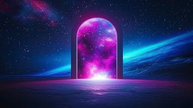 A vibrant cosmic portal opens into a colorful galaxy filled with stars and cosmic wonders, inviting the viewer into a magical universe.