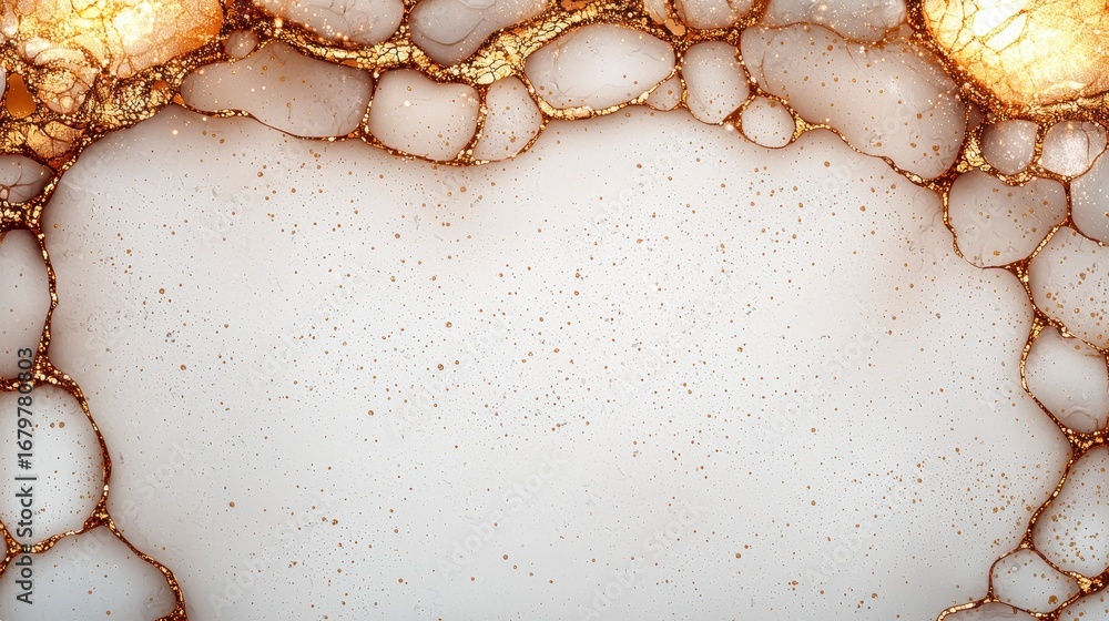 Poster abstract background with shimmering golden bubbles and organic shapes, creating an elegant and sophi