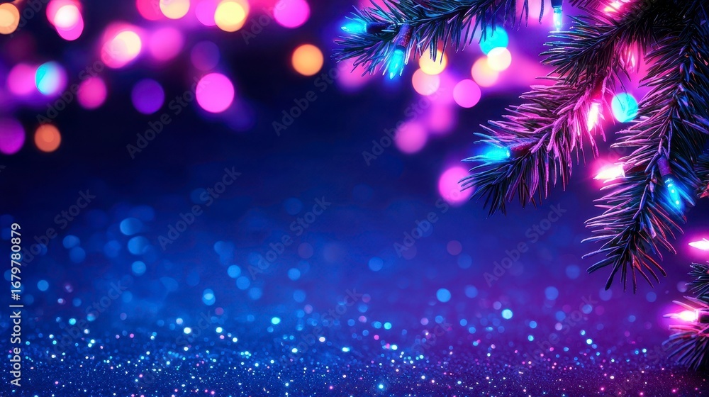Poster a mesmerizing close-up of a vibrant christmas tree branch adorned with colorful lights and shimmerin
