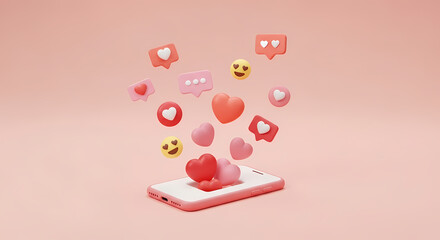 Social media likes and emojis from smartphone, 3D render
