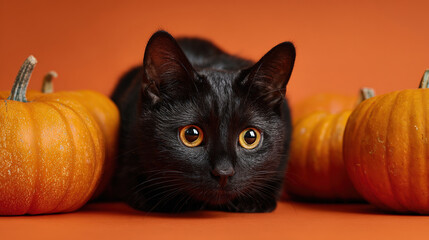 Pretty black cat between orange pumpkins on an orange background
