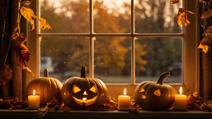 A cozy autumn scene with pumpkins, candles, and falling leaves, framed by a warm golden sunset through the window.
