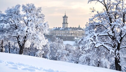 Snowy winter landscape with ancient castle