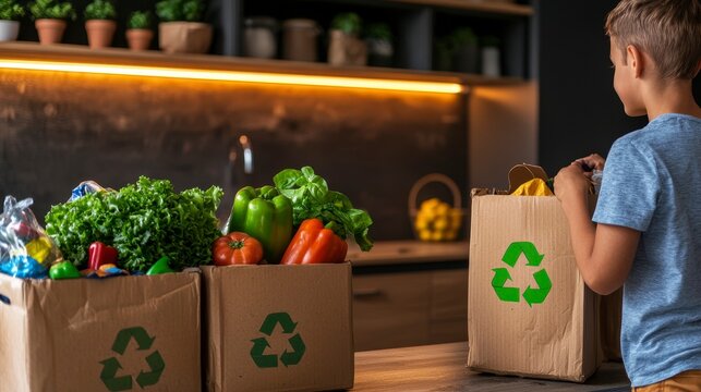 Young boy organizing fresh vegetables in recyclable boxes in a contemporary kitchen environment, promoting sustainability