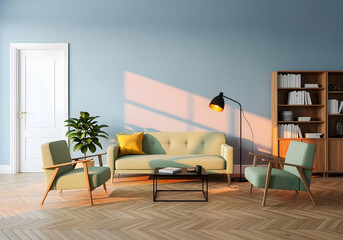 Living room interior with sofa, bookshelf wooden floor. Concept of cozy meeting reading place. Panoramic window. 3d rendering